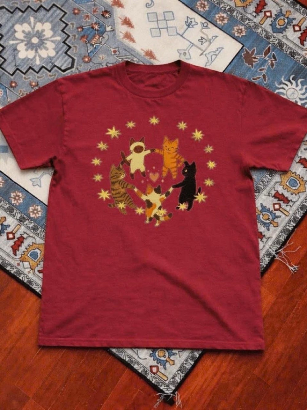 Gildan Maroon Short Sleeve Tee with Dancing Cats Graphic
